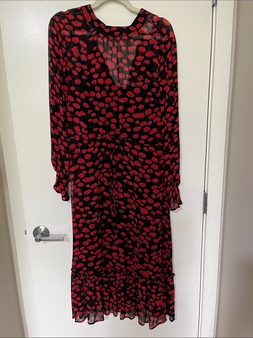Anthropologie Black Long-Sleeve Midi Dress with Red Flowers Motif